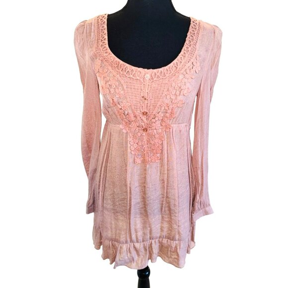Anthropologie Blue Bird Boho Peasant Babydoll Crochet Lace M Cottage Dusty Rose - Picture 1 of 15